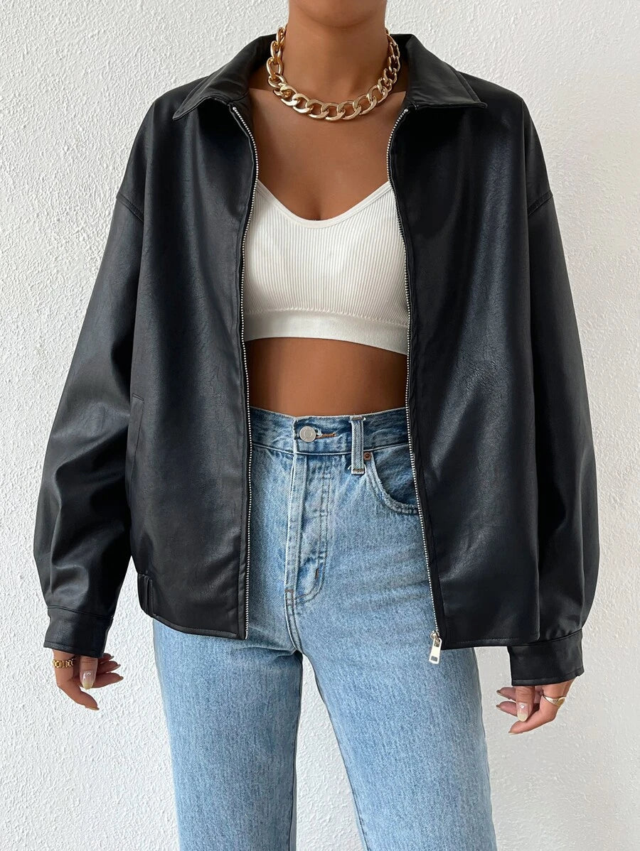 Women's Leather Oversized Jacket with Drop Shoulder