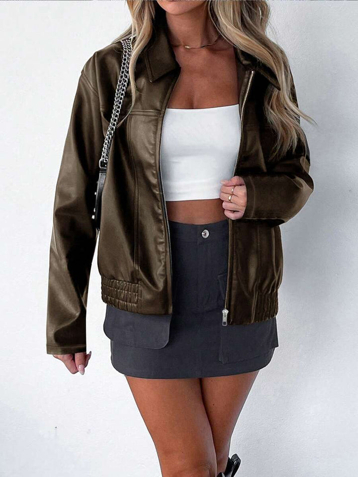 Women's Leather Oversized Jacket with Wide Collar