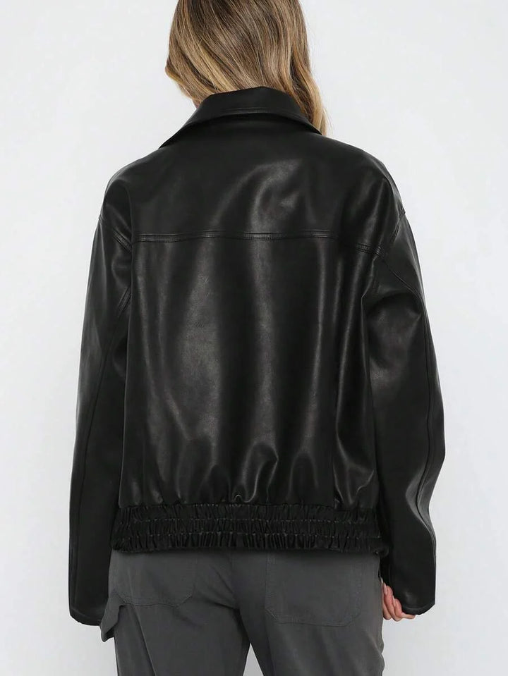 Women's Leather Oversized Jacket with Wide Collar