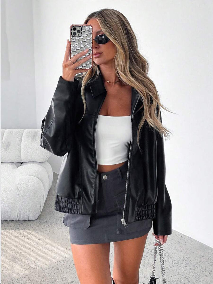 Women's Leather Oversized Jacket with Wide Collar