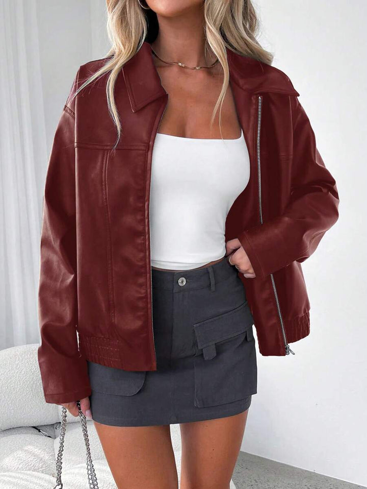 Women's Leather Oversized Jacket with Wide Collar