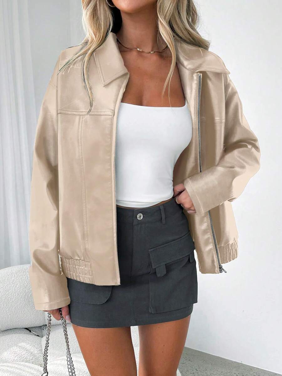 Women's Leather Oversized Jacket with Wide Collar
