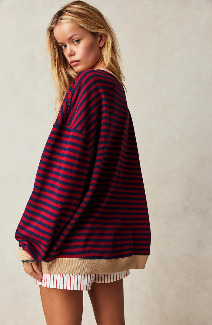 Women's Striped Sweatshirt with Contrast Ribbed Trim