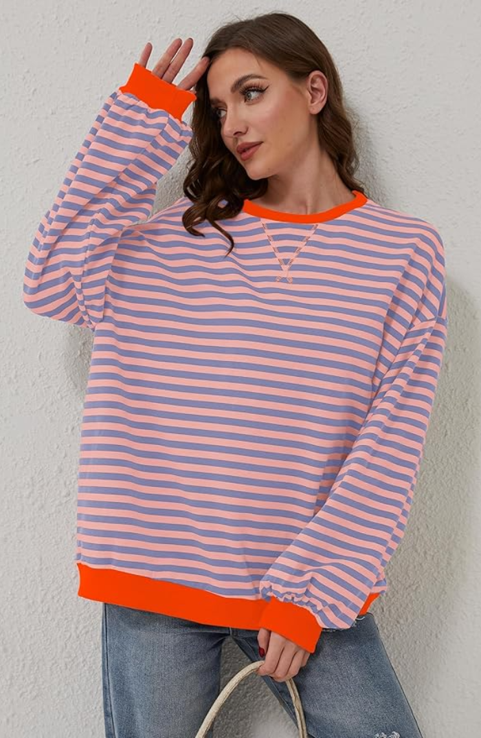 Women's Striped Sweatshirt with Contrast Ribbed Trim
