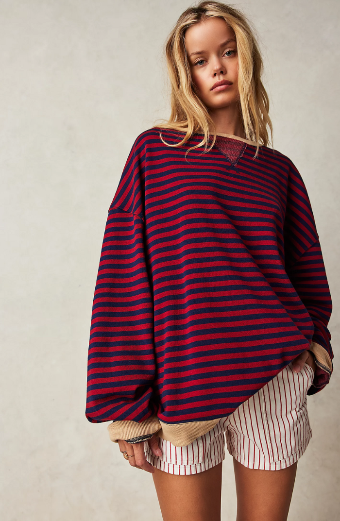 Women's Striped Sweatshirt with Contrast Ribbed Trim