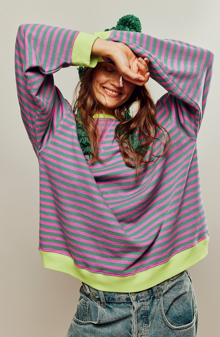 Women's Striped Sweatshirt with Contrast Ribbed Trim