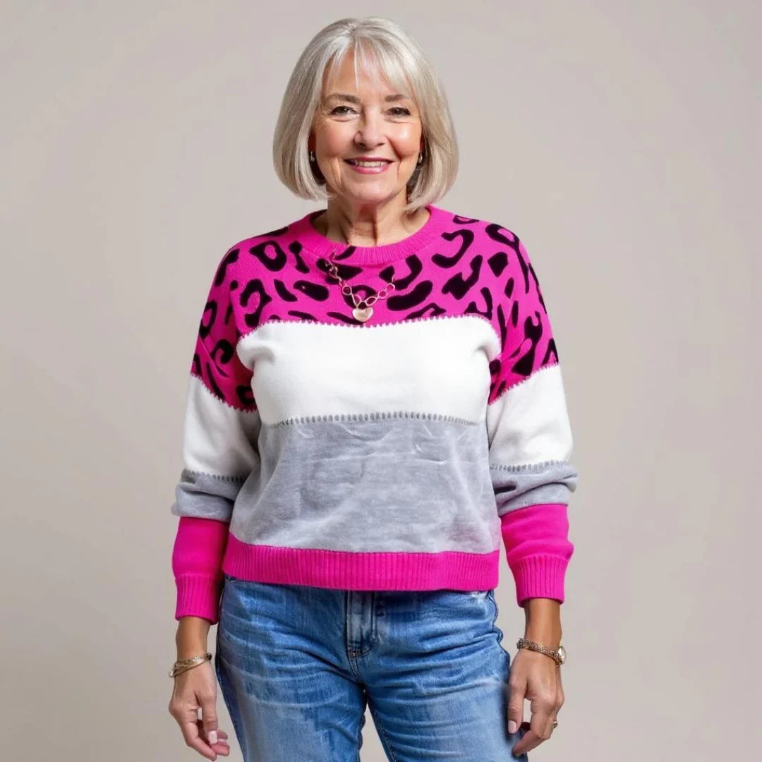 Women's Leopard Print Colour Block Sweater in Relaxed Fit