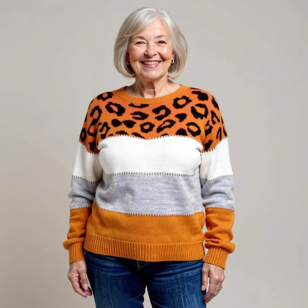 Women's Leopard Print Colour Block Sweater in Relaxed Fit