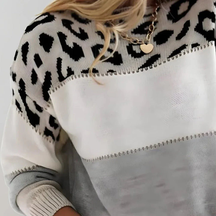Women's Leopard Print Colour Block Sweater in Relaxed Fit