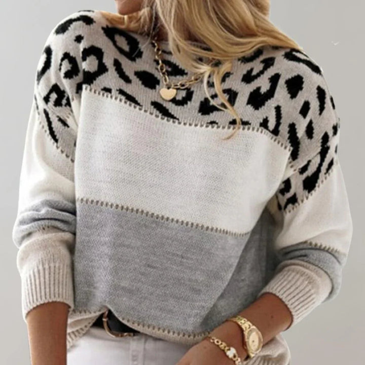 Women's Leopard Print Colour Block Sweater in Relaxed Fit