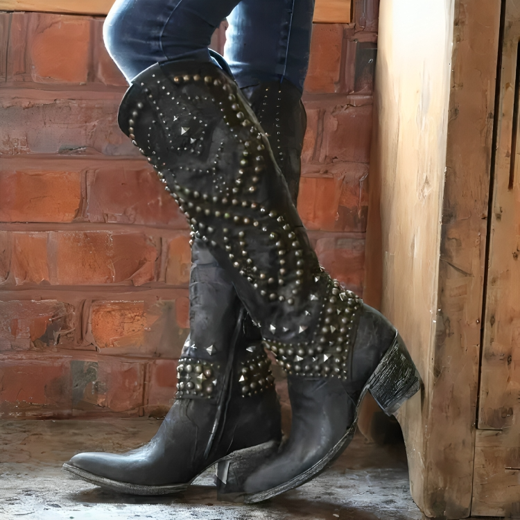 Women's Studded Leather Knee-High Boots with Block Heel