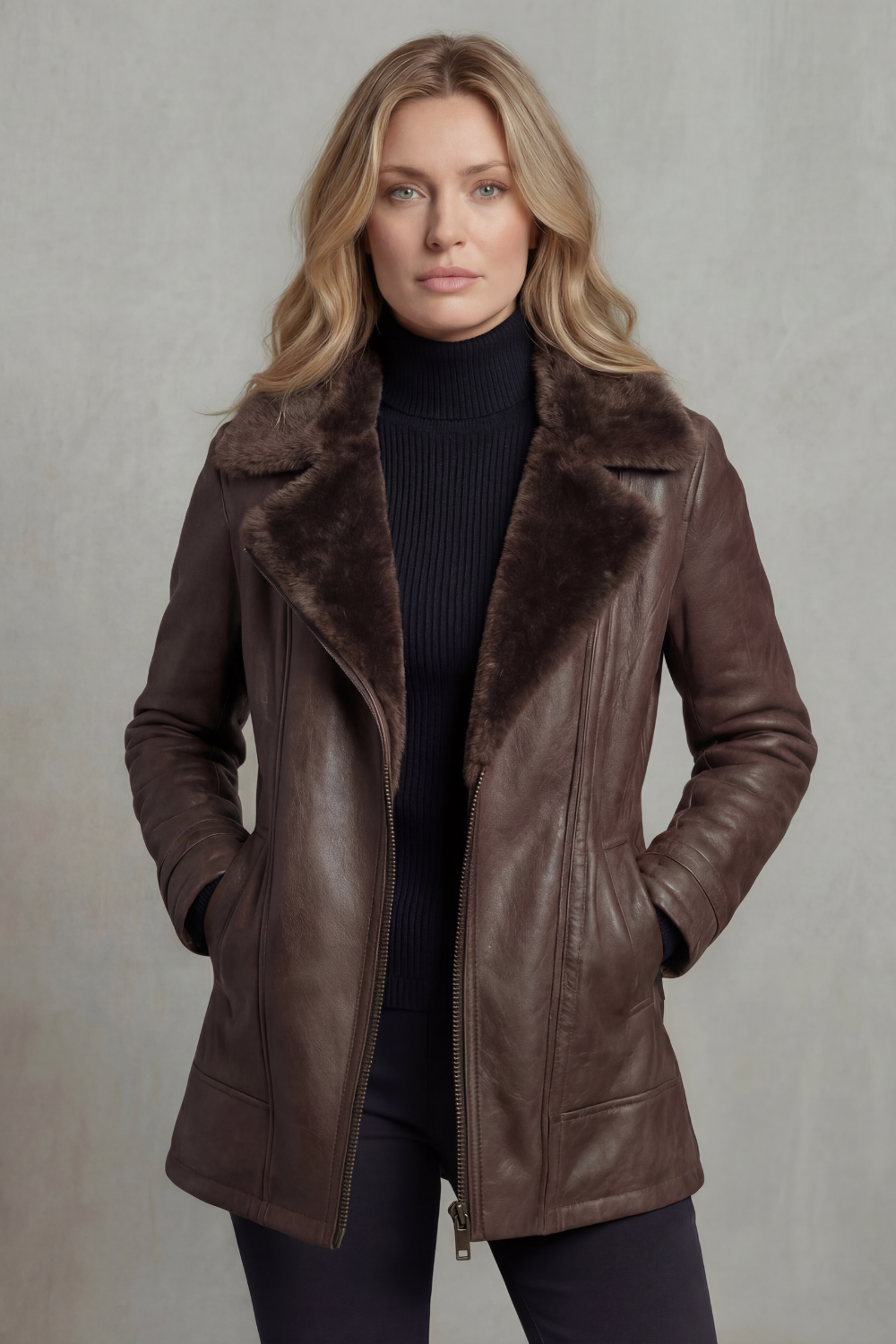 Veste en cuir doublée en peau lainée pour femme