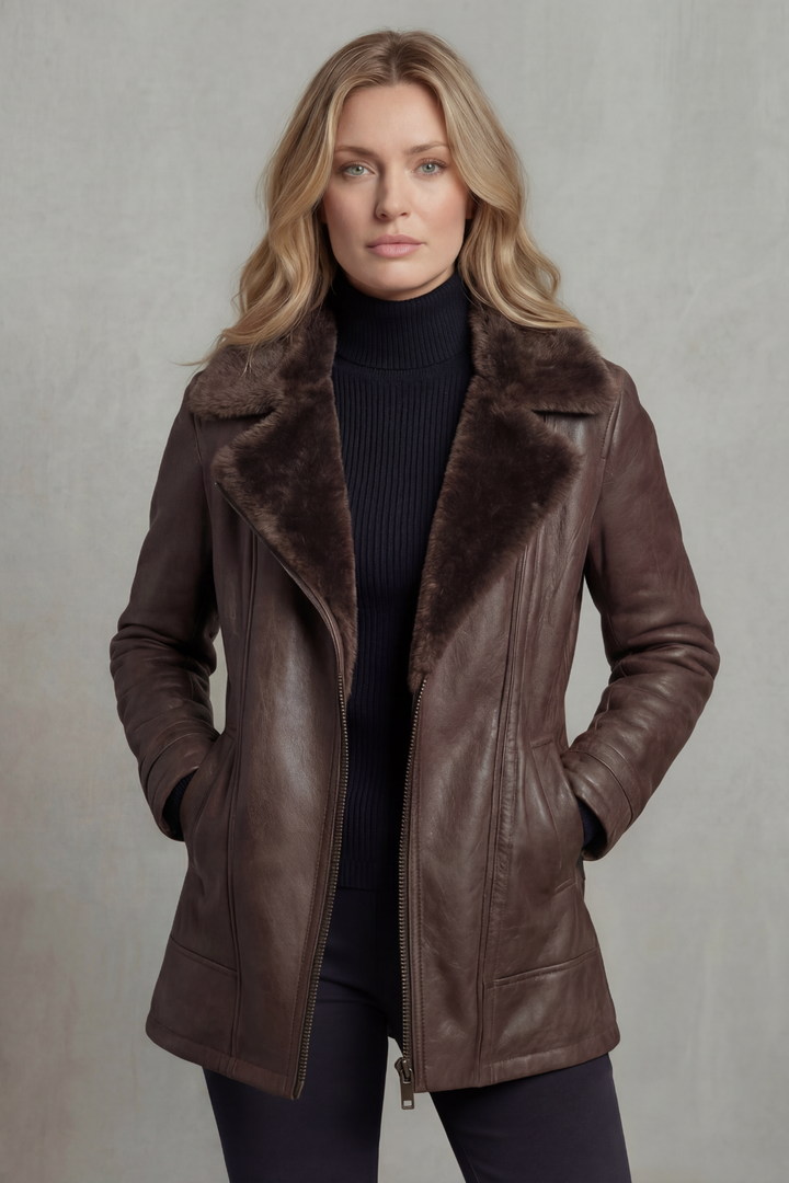 Veste en cuir doublée en peau lainée pour femme