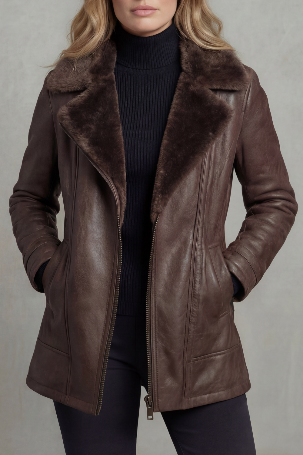 Veste en cuir doublée en peau lainée pour femme