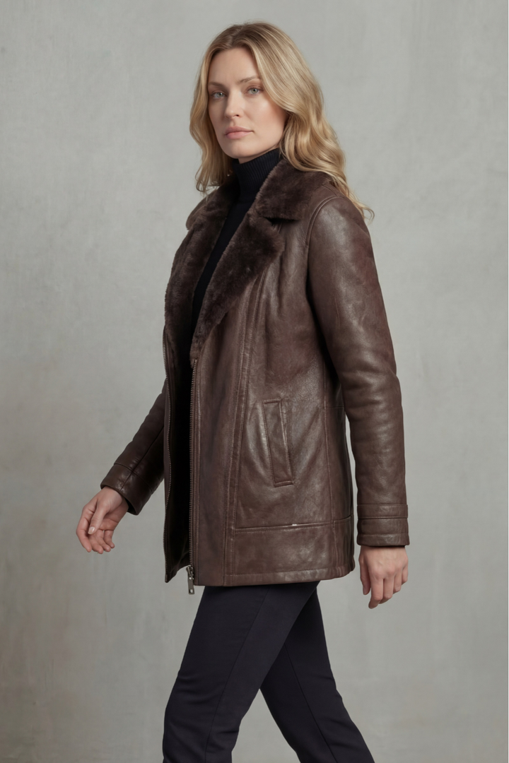 Veste en cuir doublée en peau lainée pour femme