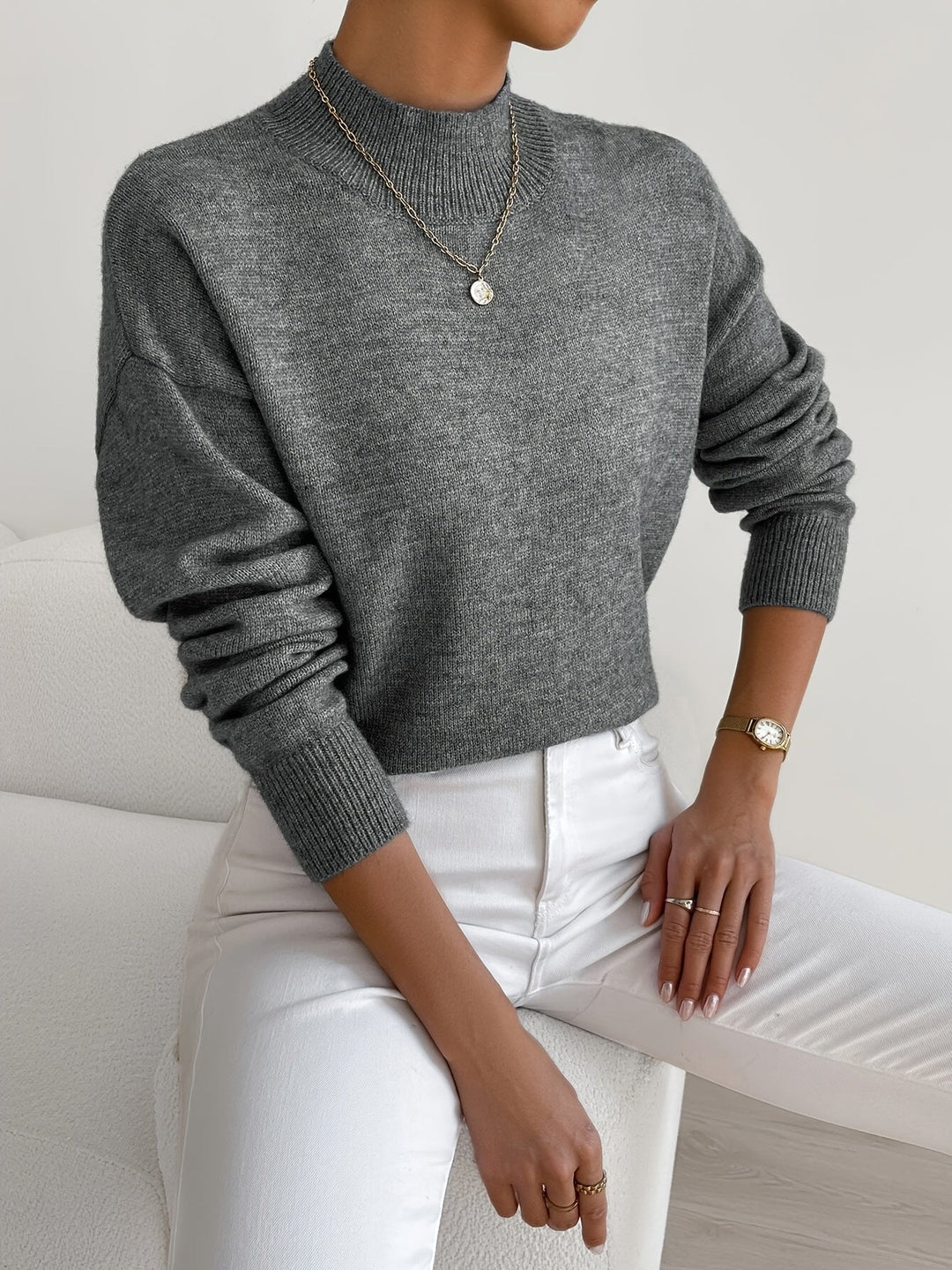 Pull col montant effet cachemire pour femme, coupe décontractée