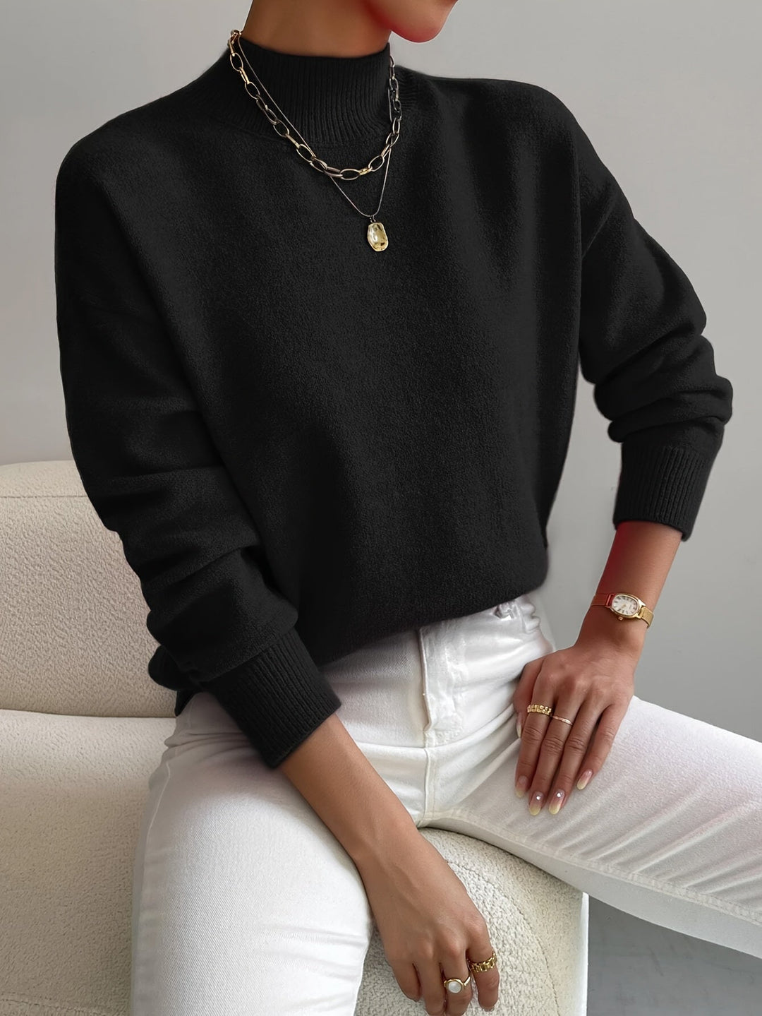 Pull col montant effet cachemire pour femme, coupe décontractée