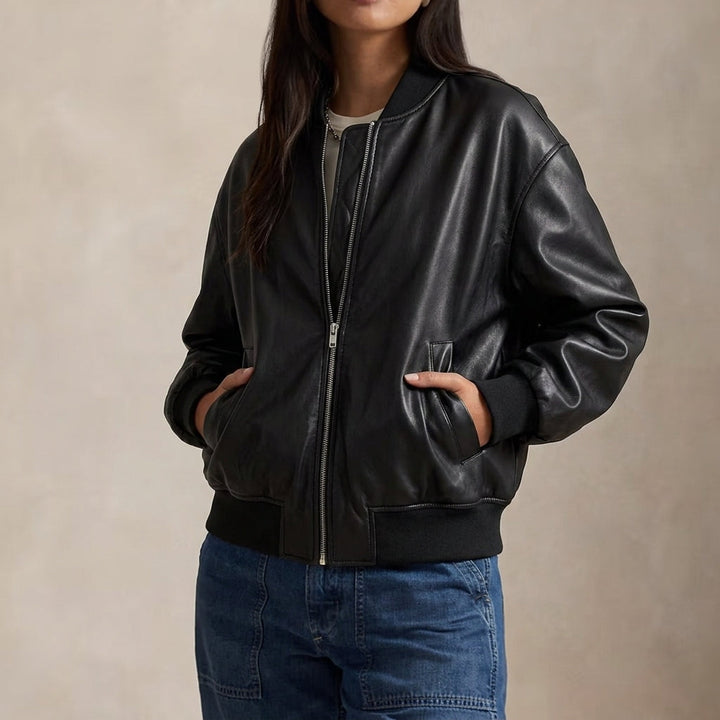 Blouson aviateur en cuir pour femme à coupe décontractée