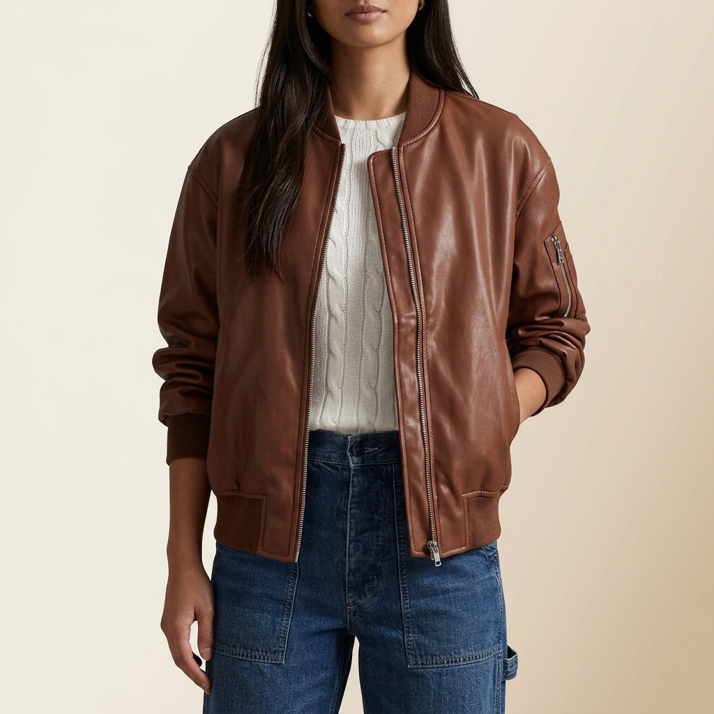 Blouson aviateur en cuir pour femme à coupe décontractée