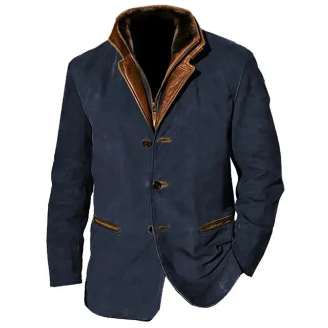 Men's Button-Up Blazer Jacket with Contrast Collar