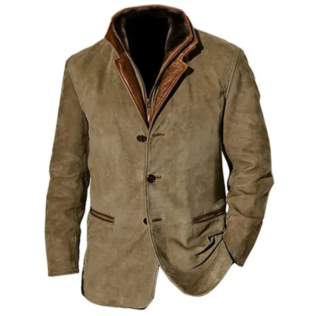 Men's Button-Up Blazer Jacket with Contrast Collar