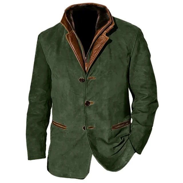 Men's Button-Up Blazer Jacket with Contrast Collar