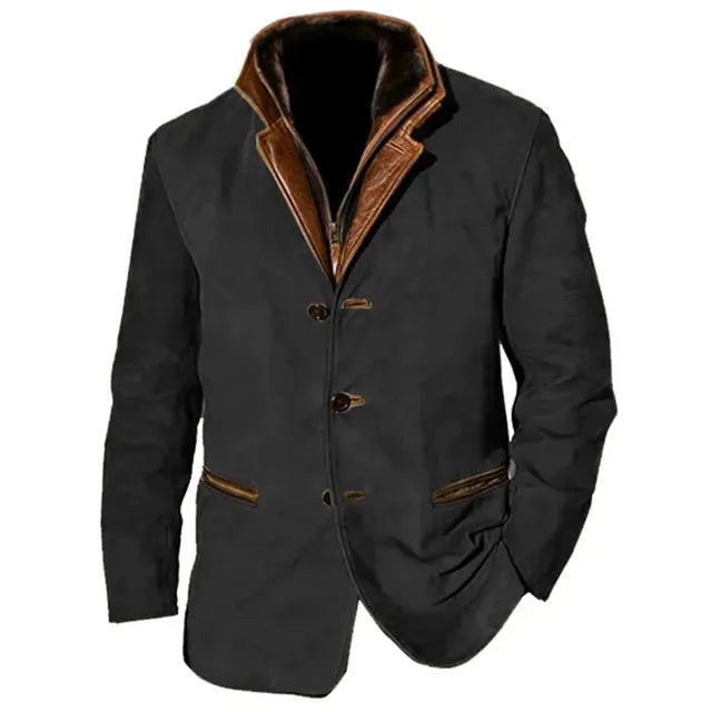 Men's Button-Up Blazer Jacket with Contrast Collar