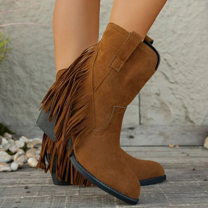 Women's Suede Fringe Western Boots with Fold-Over Strap