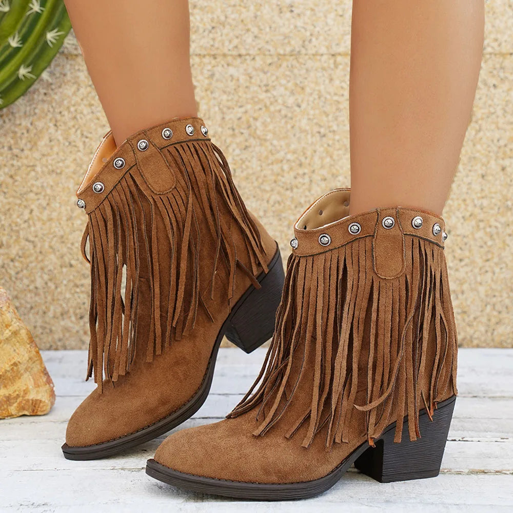 Women's Suede Fringe Western Boots with Fold-Over Strap
