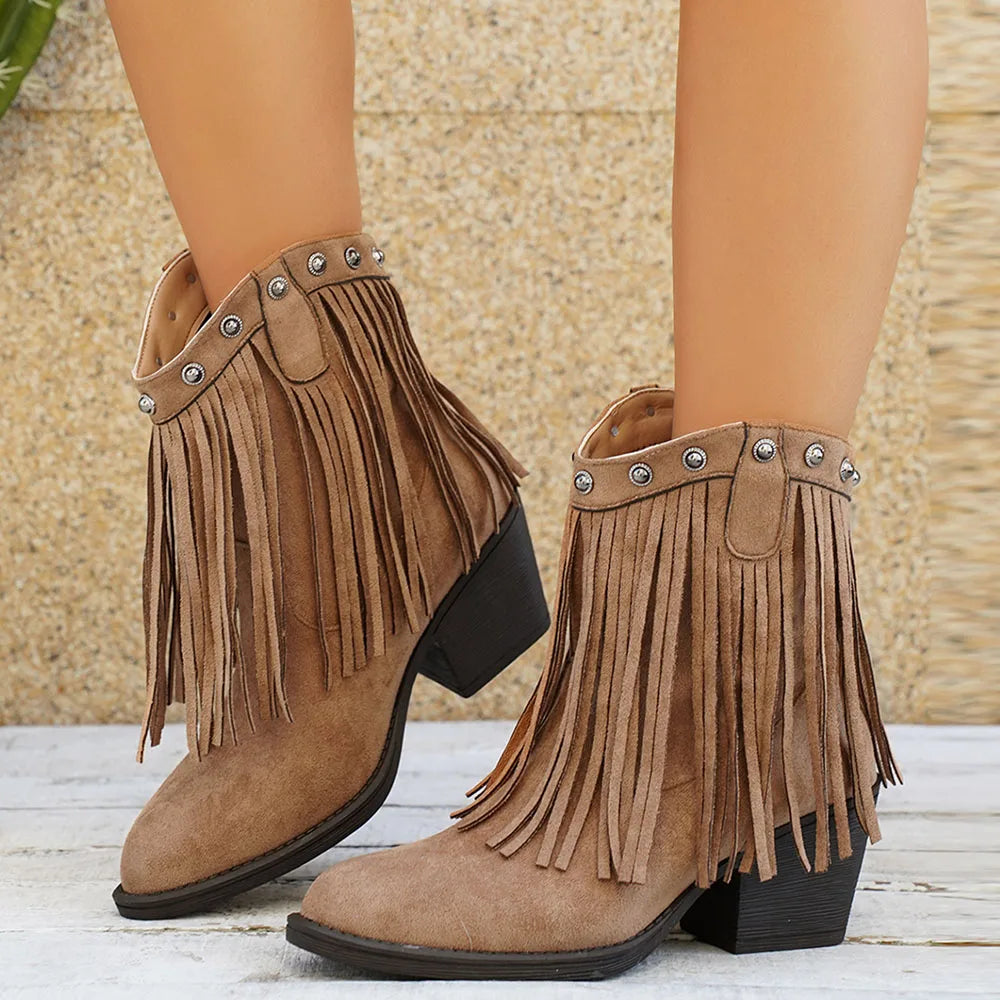 Women's Suede Fringe Western Boots with Fold-Over Strap
