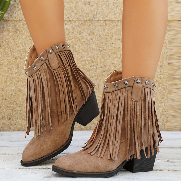 Women's Suede Fringe Western Boots with Fold-Over Strap