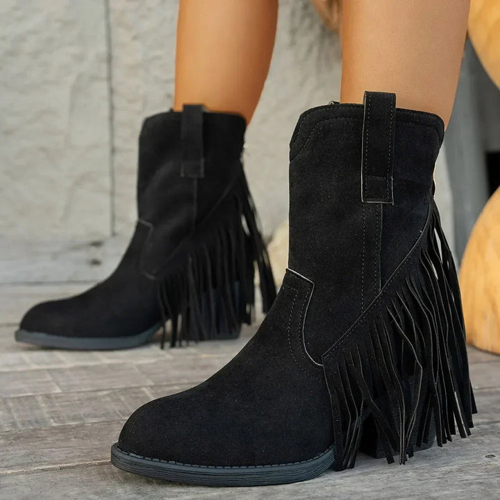 Women's Suede Fringe Western Boots with Fold-Over Strap