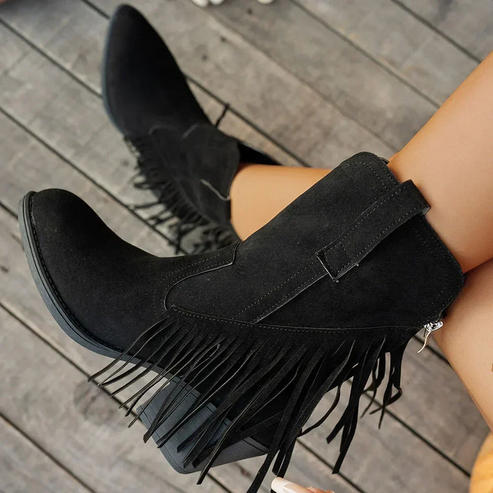 Women's Suede Fringe Western Boots with Fold-Over Strap