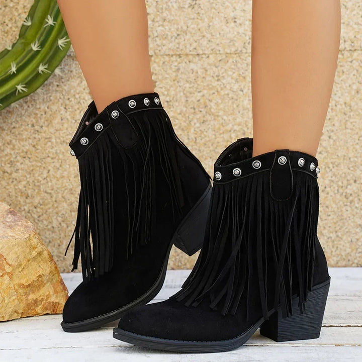 Women's Suede Fringe Western Boots with Fold-Over Strap
