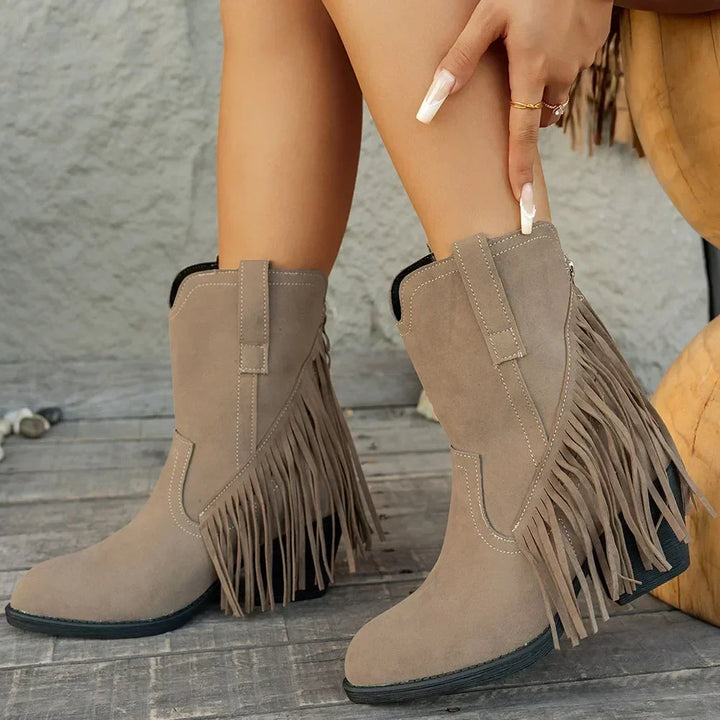 Women's Suede Fringe Western Boots with Fold-Over Strap