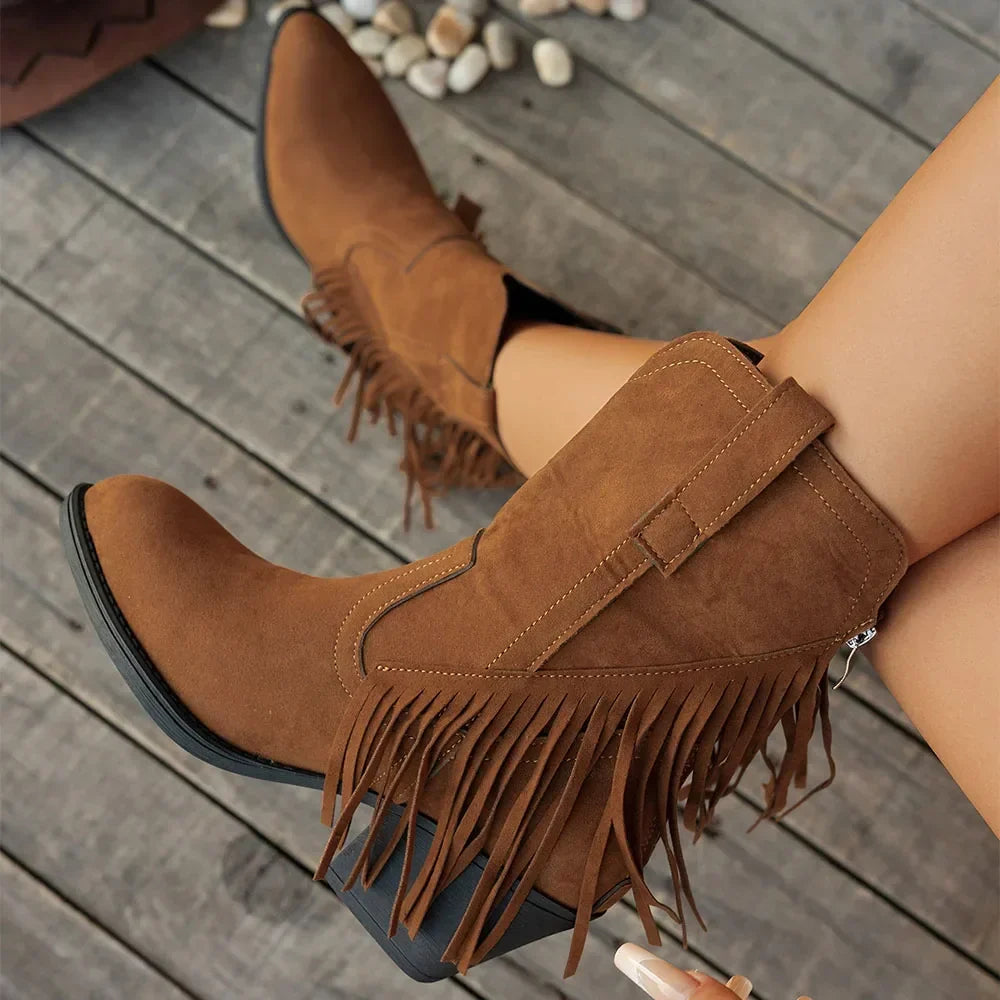 Women's Suede Fringe Western Boots with Fold-Over Strap