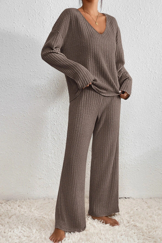 Women's Ribbed Knit Two Piece Set with Wide Leg Trousers