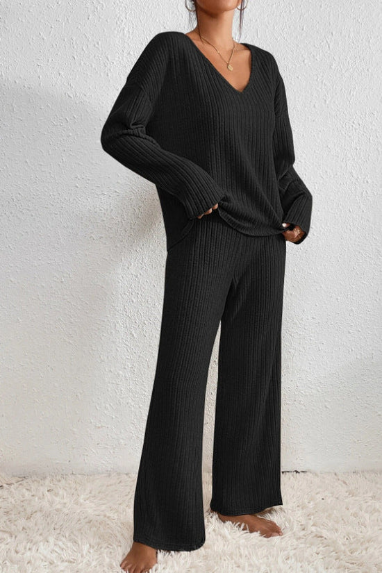 Women's Ribbed Knit Two Piece Set with Wide Leg Trousers