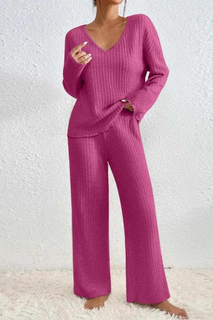 Women's Ribbed Knit Two Piece Set with Wide Leg Trousers
