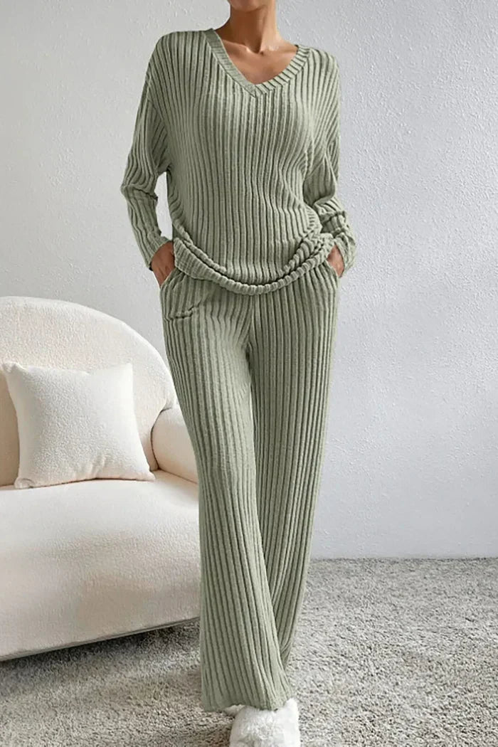 Women's Ribbed Knit Two Piece Set with Wide Leg Trousers