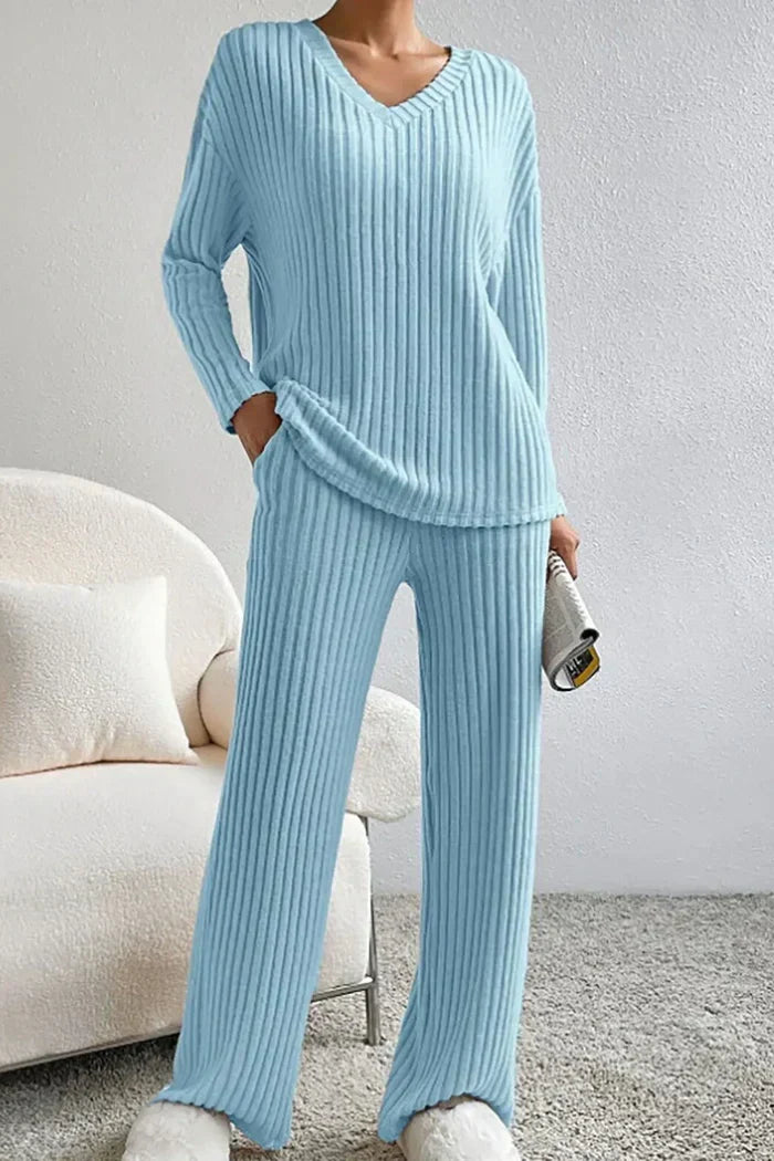 Women's Ribbed Knit Two Piece Set with Wide Leg Trousers