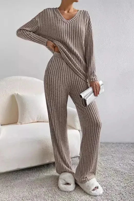 Women's Ribbed Knit Two Piece Set with Wide Leg Trousers