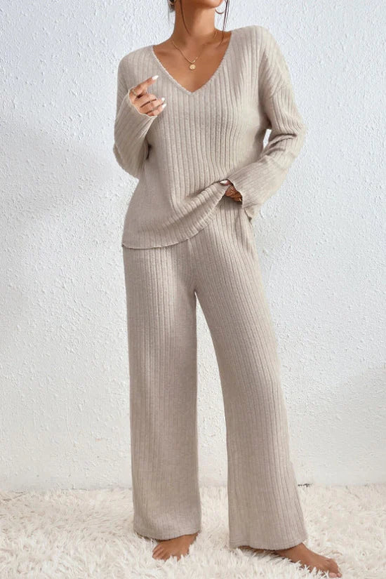 Women's Ribbed Knit Two Piece Set with Wide Leg Trousers