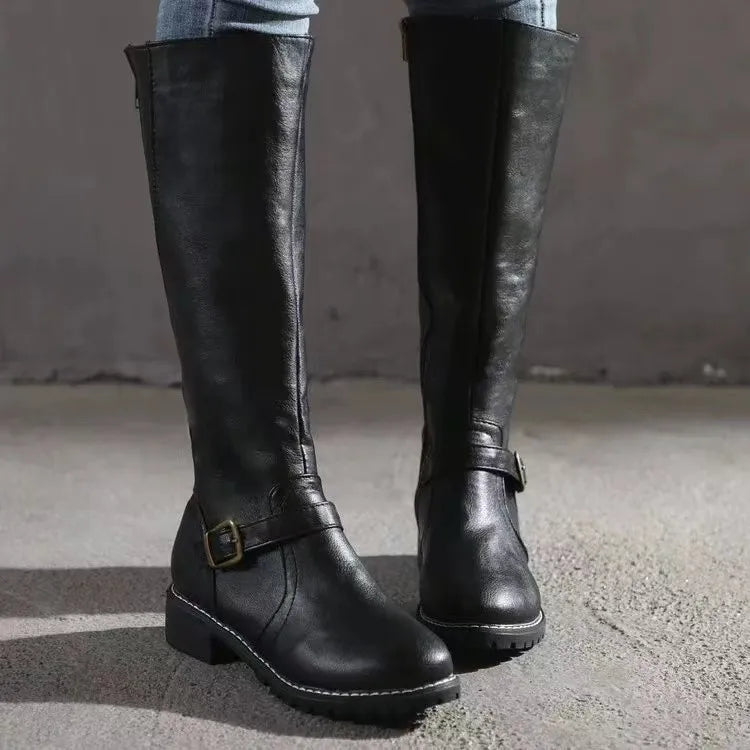 Women's Leather Knee High Boots with Buckle Detail