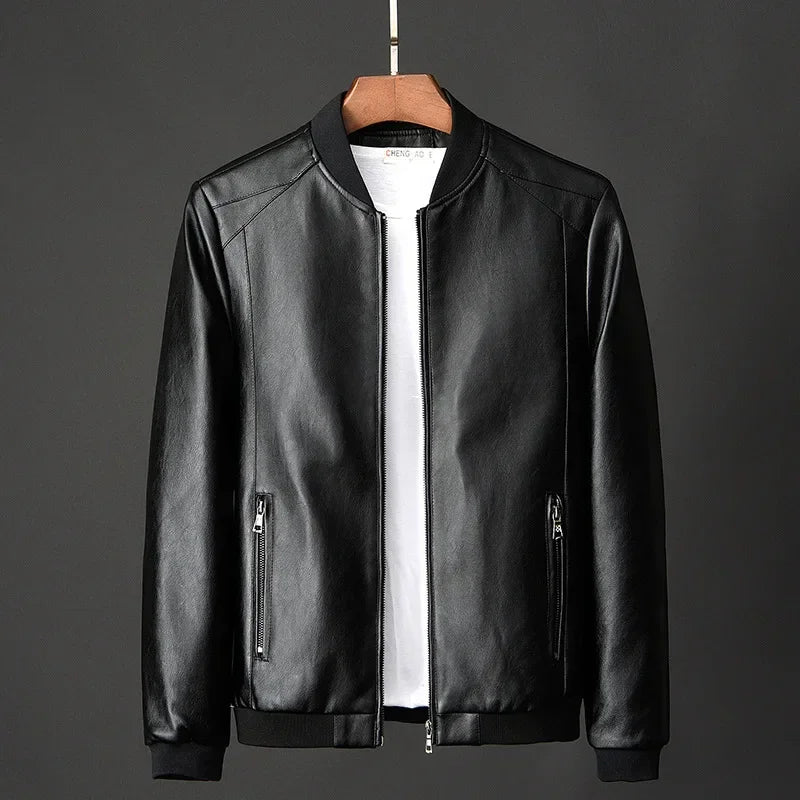 Men's Leather Bomber Jacket with Ribbed Trims