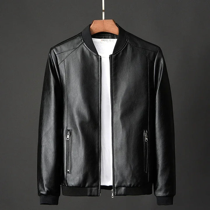 Men's Leather Bomber Jacket with Ribbed Trims