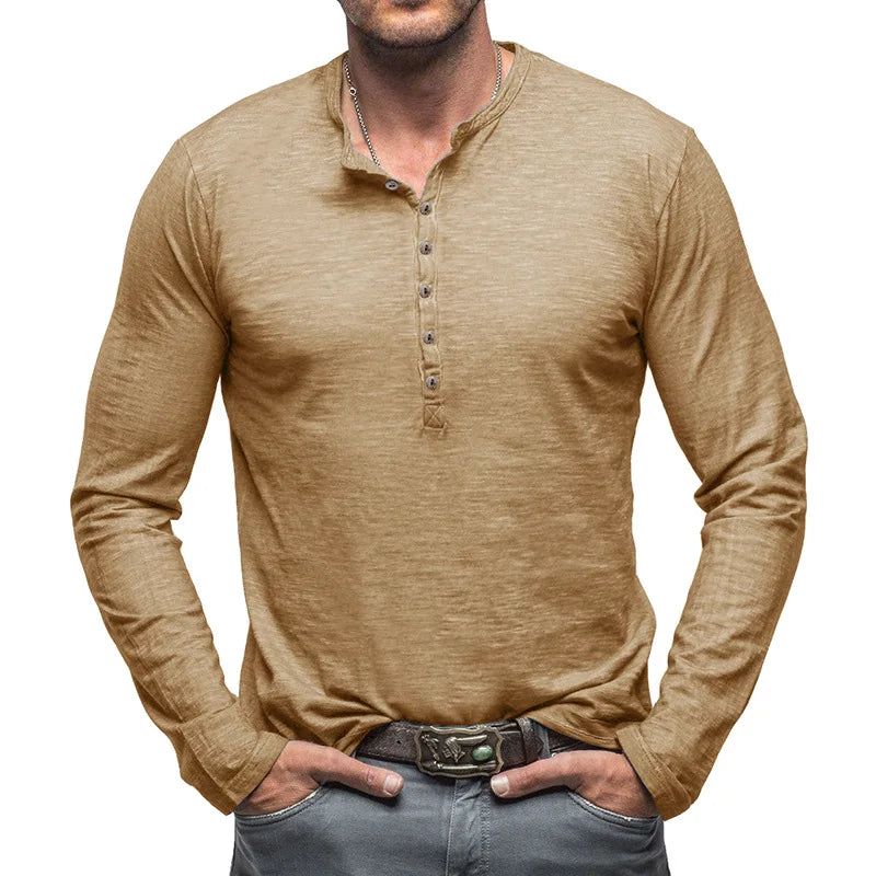 Men's Long Sleeve Henley with Extended Button Placket