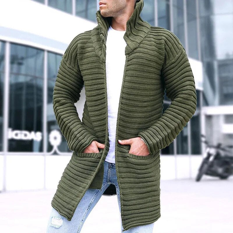 Men's Ribbed Knit Longline Cardigan with Shawl Collar