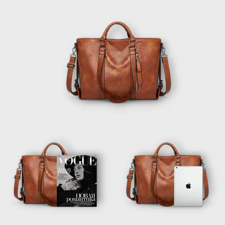 Women's Leather Tote Bag with Front Zip Pocket
