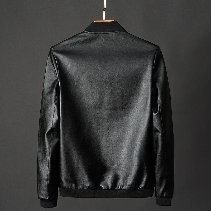 Men's Leather Bomber Jacket with Ribbed Trims